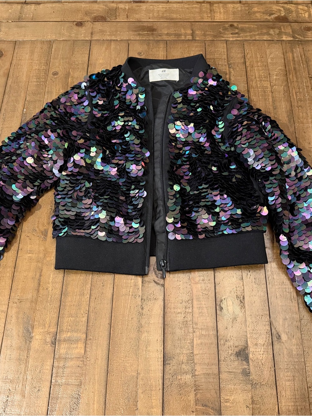 H&M Kids Black Sequin Bomber Jacket with Iridescent Accents